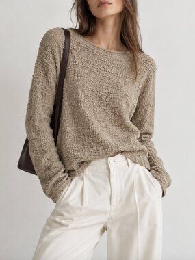 Textured Knit Boat Neck Relaxed Fit Top Oatmeal Beige